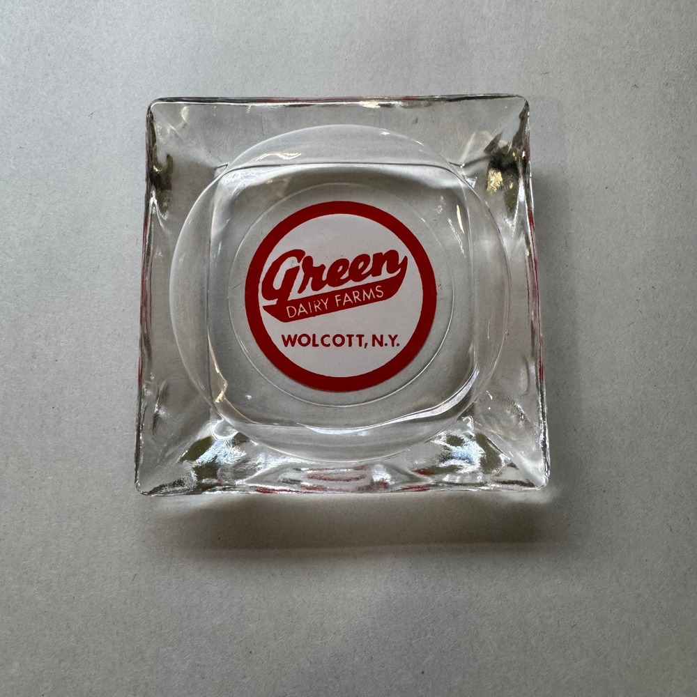 Vintage Green Dairy Farms Wolcott NY Glass Ashtray Square Clear Red Advertising